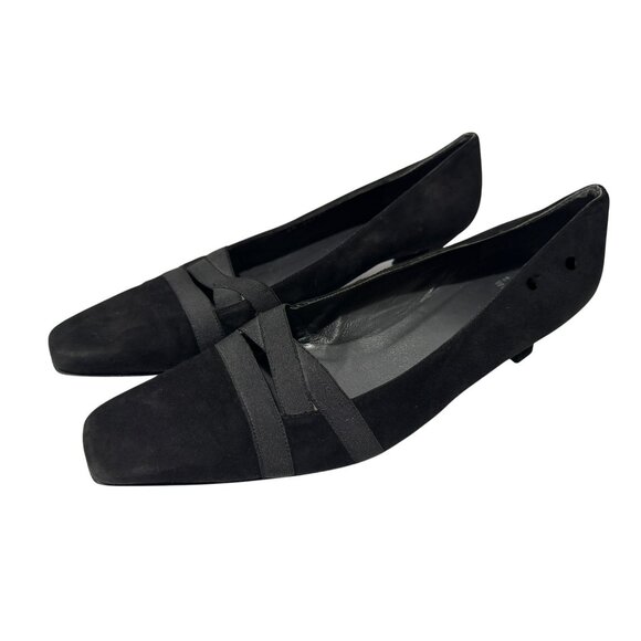 Stuart Weitzman Black Suede Leather Square Toe Kitten Heel Shoes Pumps XCross 8M - Picture 1 of 11
